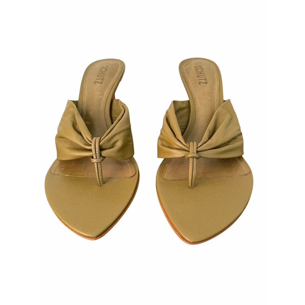 Schutz Lori Mid Thong Olive Green Leather Slip On Heel Sandal Size 10 - NWT - Picture 7 of 8